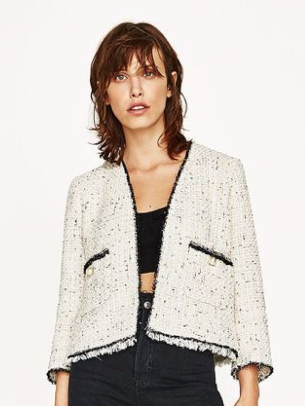 Zara Ecru Sequined Tweed Blazer w/ Pearl Buttons